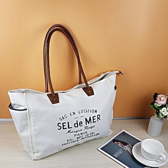 Neiman Marcus Sel De Mer Canvas Leather Tote Bag - Picture 1 of 4